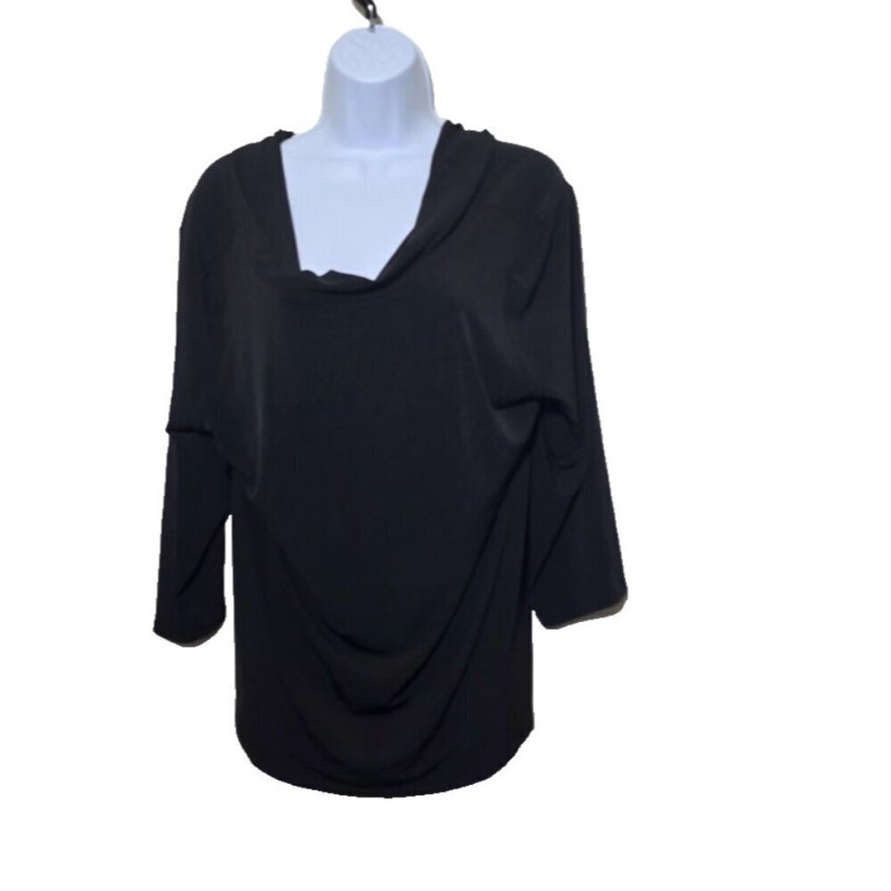 Chicos Womens sz 2 black 3/4 sleeve shirt Cowl neck back tie stretchy